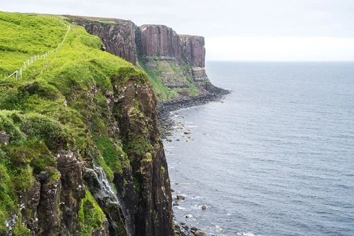 Green cliffs dropping into the sea along the Trotternish coast on the Isle of Skye, the stretch where Kilt Rock stands.