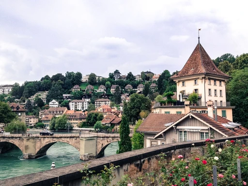 View of historic buildings and bridge in Bern, Switzerland's old town.