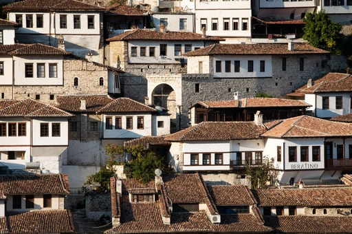 Traditional Ottoman houses in Berat, Albania, showcasing classic architecture and rich history.