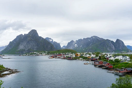 Aerial view of Reine with its houses, sea and mountains, Lofoten.