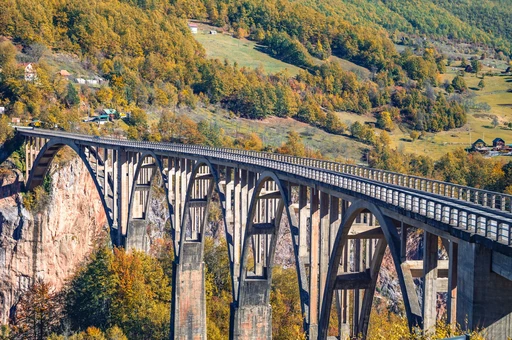 The Djurdjevica Tara Bridge spanning the canyon, with autumn forest on the slopes.