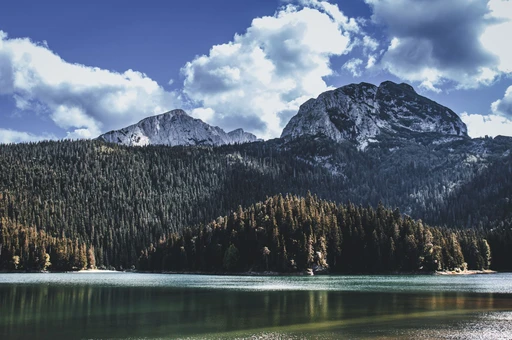 Black Lake in Durmitor National Park, with forested slopes and the Durmitor peaks under a bright sky.