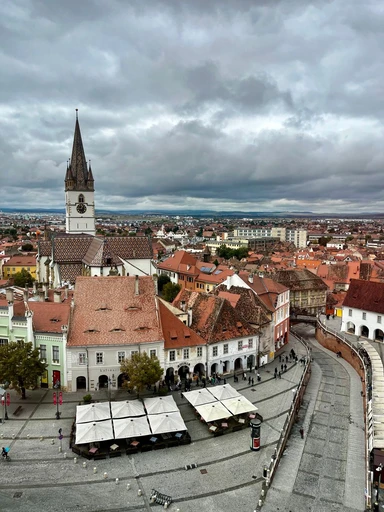 Aerial view over Sibiu's old town and the tower of the Lutheran cathedral.