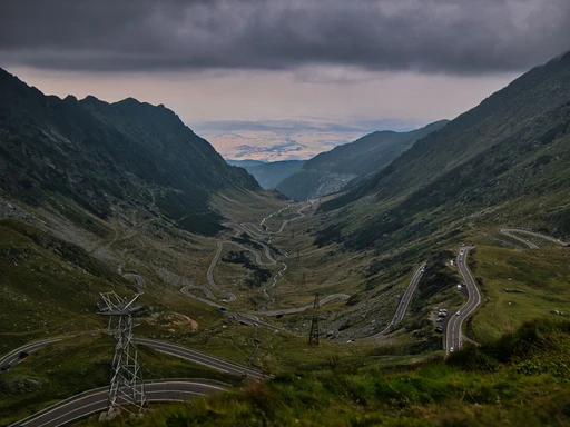 The Transfăgărășan road running through the Carpathian mountains.