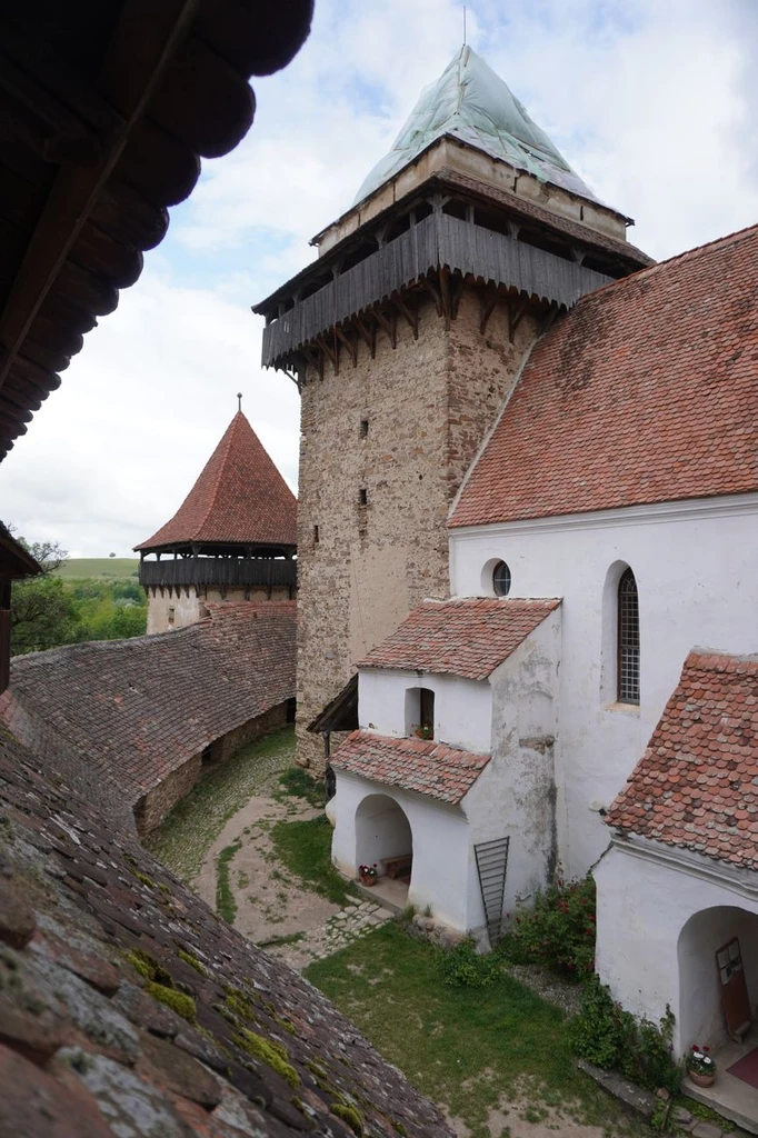 The fortified Saxon church at Viscri, its walls and towers rising over the village.