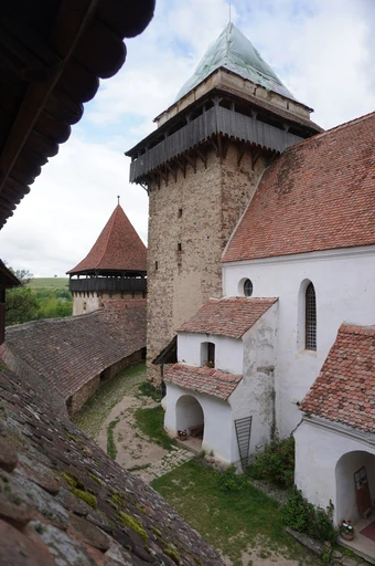 The fortified Saxon church at Viscri, its walls and towers rising over the village.