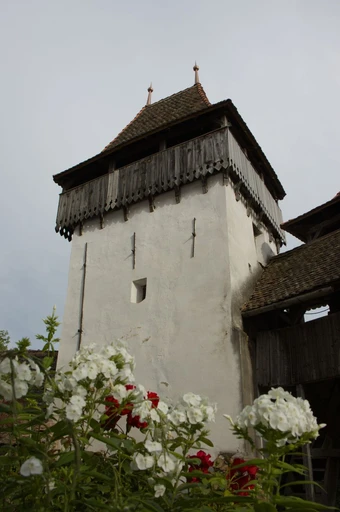 A tower of the fortified church at Viscri with flowers in the foreground.