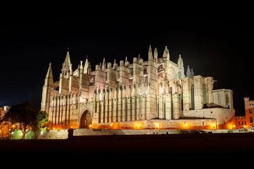 Palma Cathedral lit against the night sky.