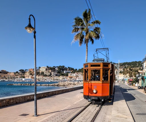 The red Sóller tram running along the Port de Sóller seafront under palm trees.