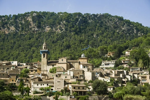 Valldemossa's rooftops and church with the Tramuntana mountains behind.