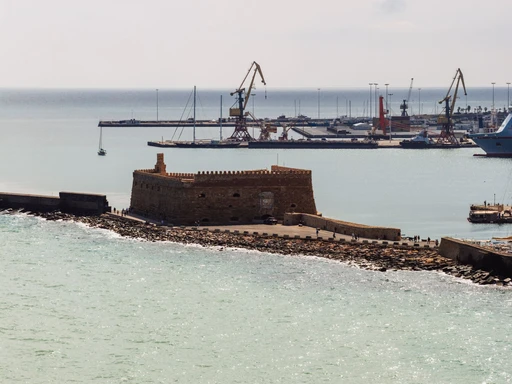 Aerial view of the Venetian fortress at the mouth of Heraklion harbor.