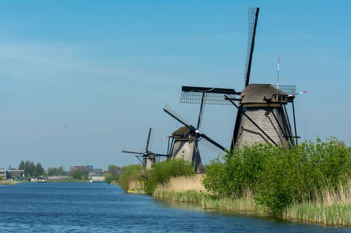 Windmills along the canal at Kinderdijk under a blue sky.